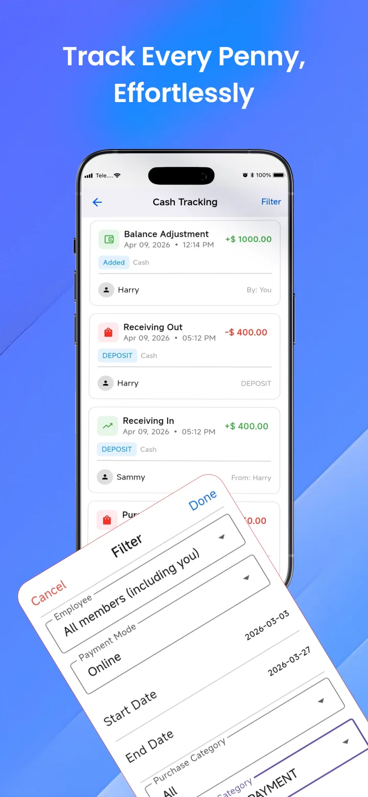 Cashlytix cash tracking history with filters for employees, payment mode and category