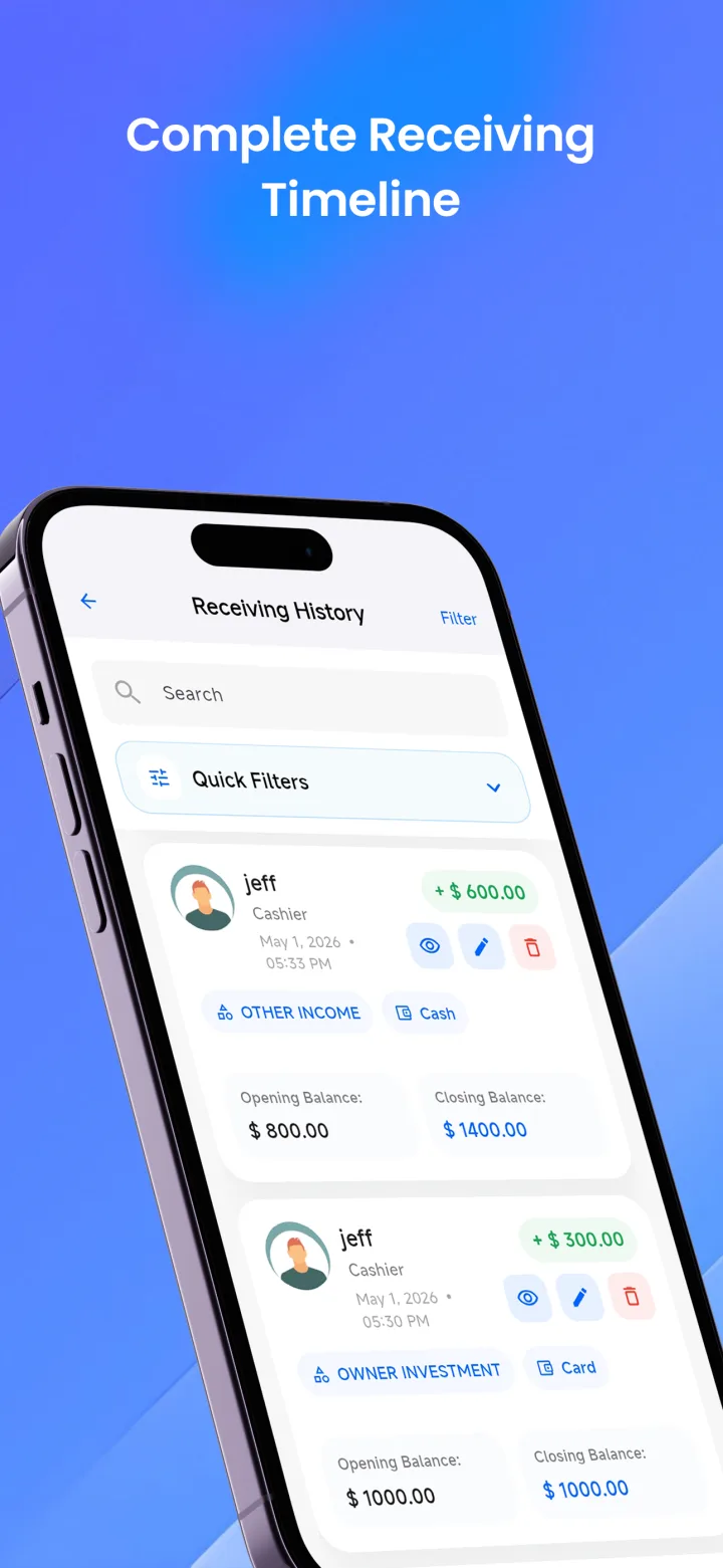 Cashlytix receiving history timeline for incoming cash and receiving records