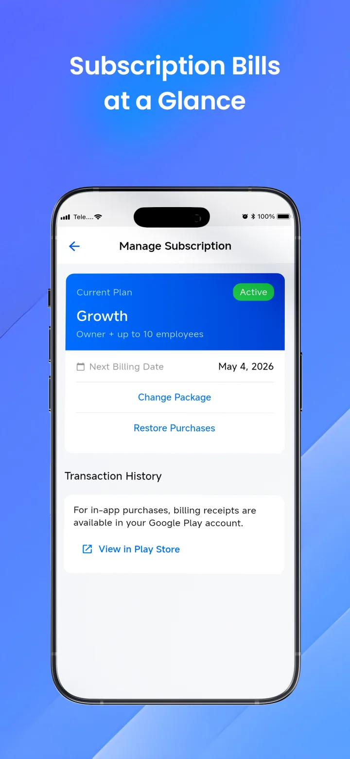 Cashlytix manage subscription screen showing current plan, next billing date and transaction history