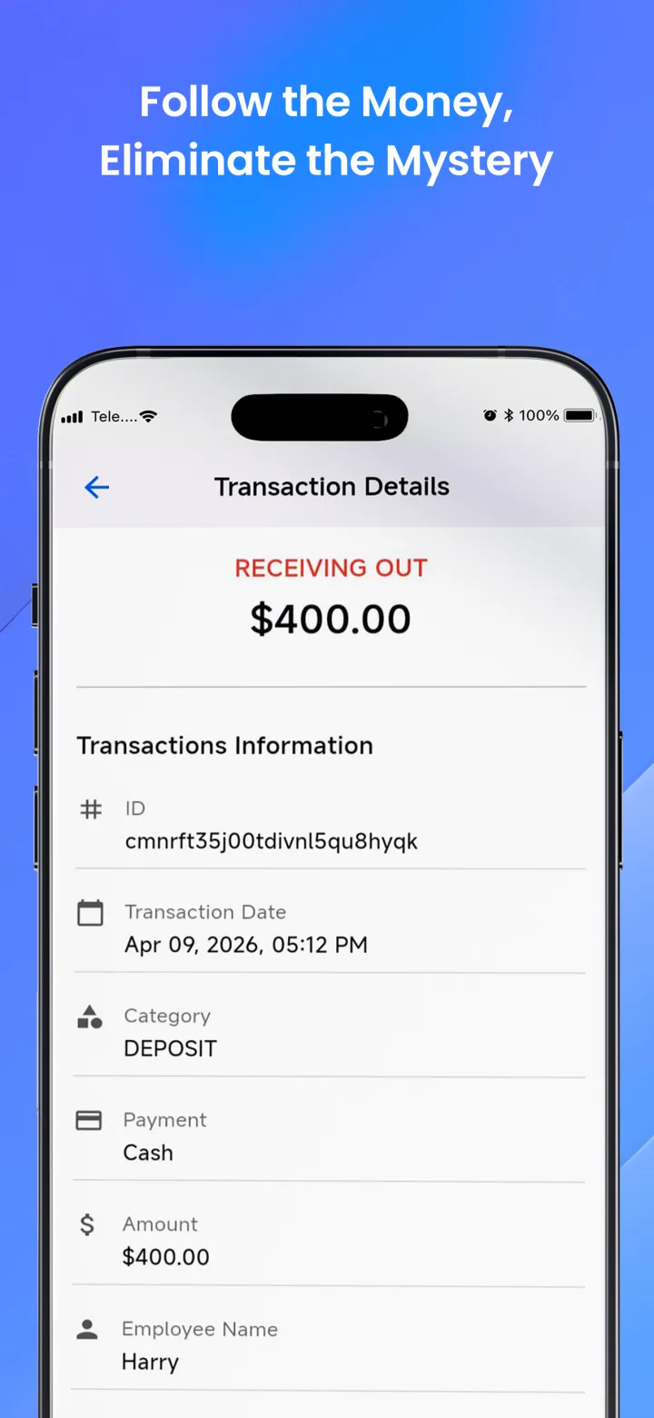 Cashlytix transaction detail screen showing receiving out cash information